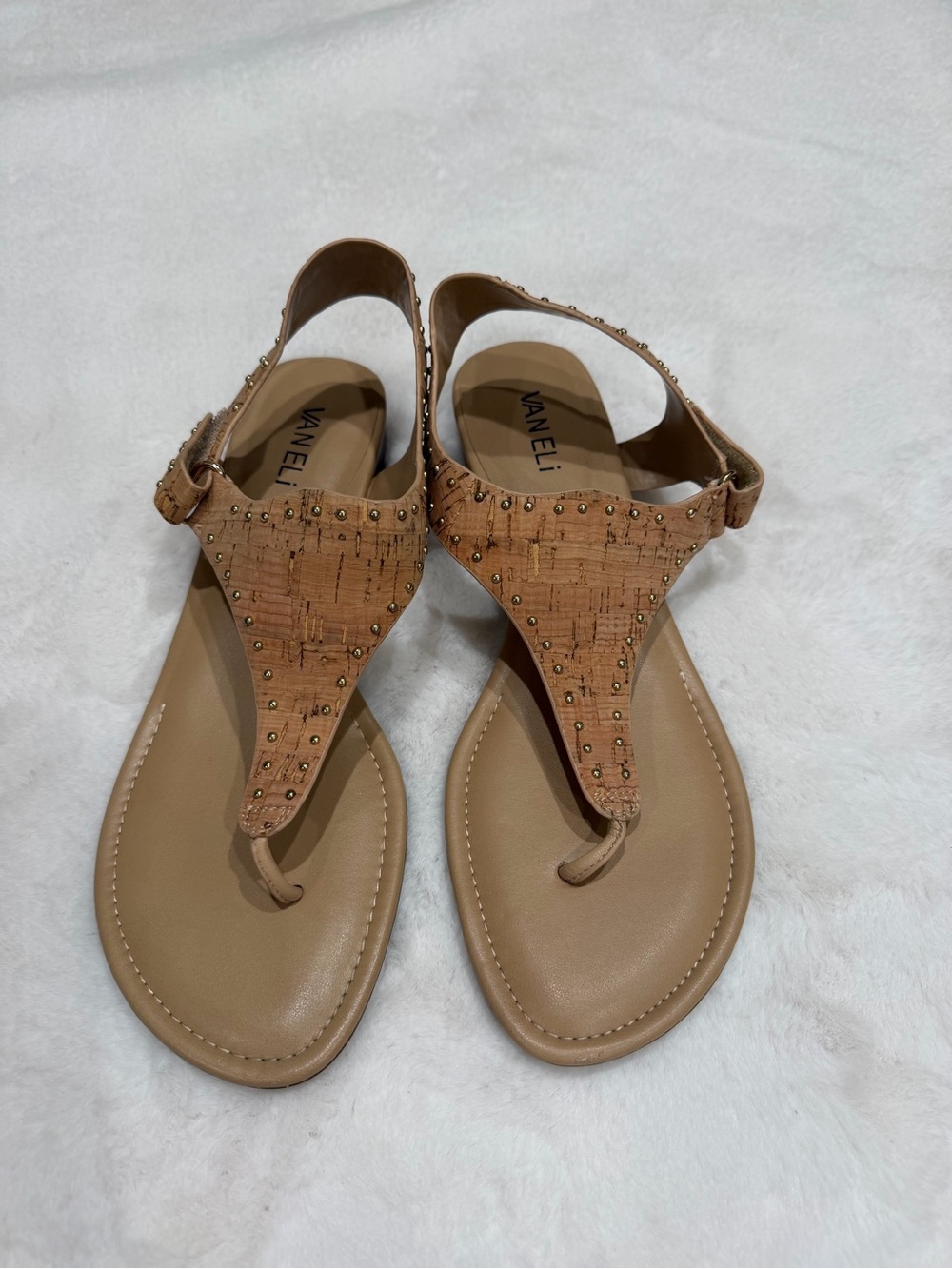 Vaneli Tan Cork T-Strap Studded Sandals Size 10
